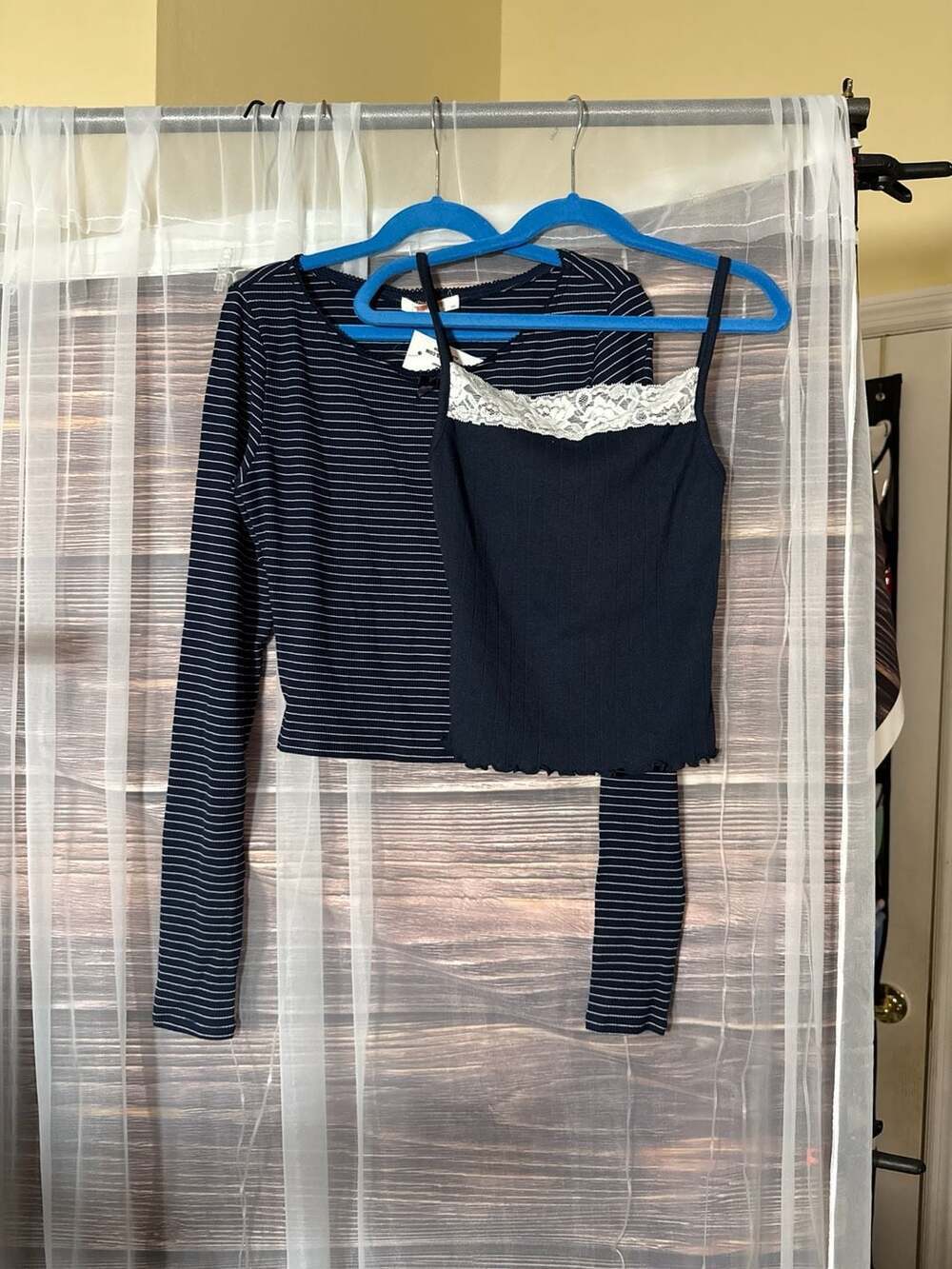 Full Tilt Navy Blue Striped Long Sleeve Crop Top and Lace Trim Camisole XXS